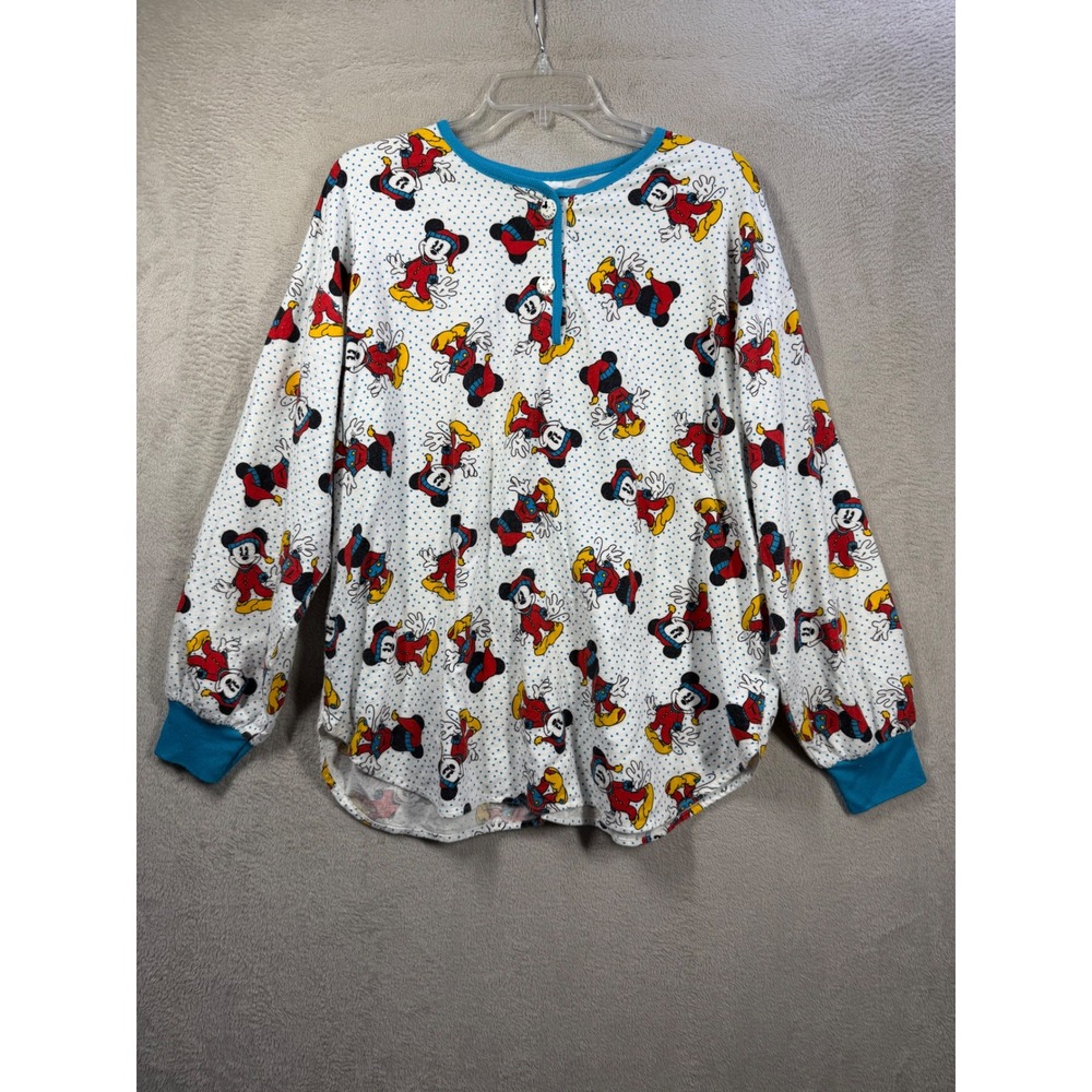 Mickey & Co Pajama Top Women XL White Vintage 90s Disney Mickey Mouse Henley